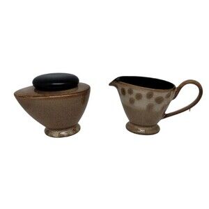VTG Style Home MCM Sugar Bowl With Lid Creamer Stoneware Set Brown Black Glazed